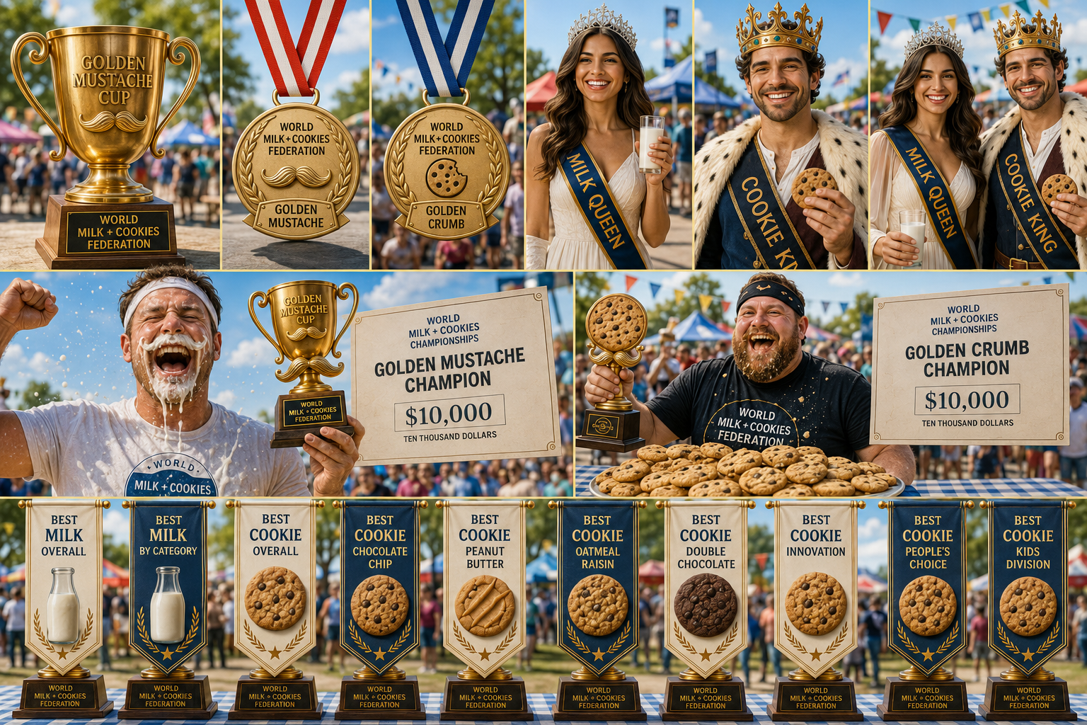 Golden Mustache Cup, Golden Crumb medal, Milk Queen, Cookie King, category banners