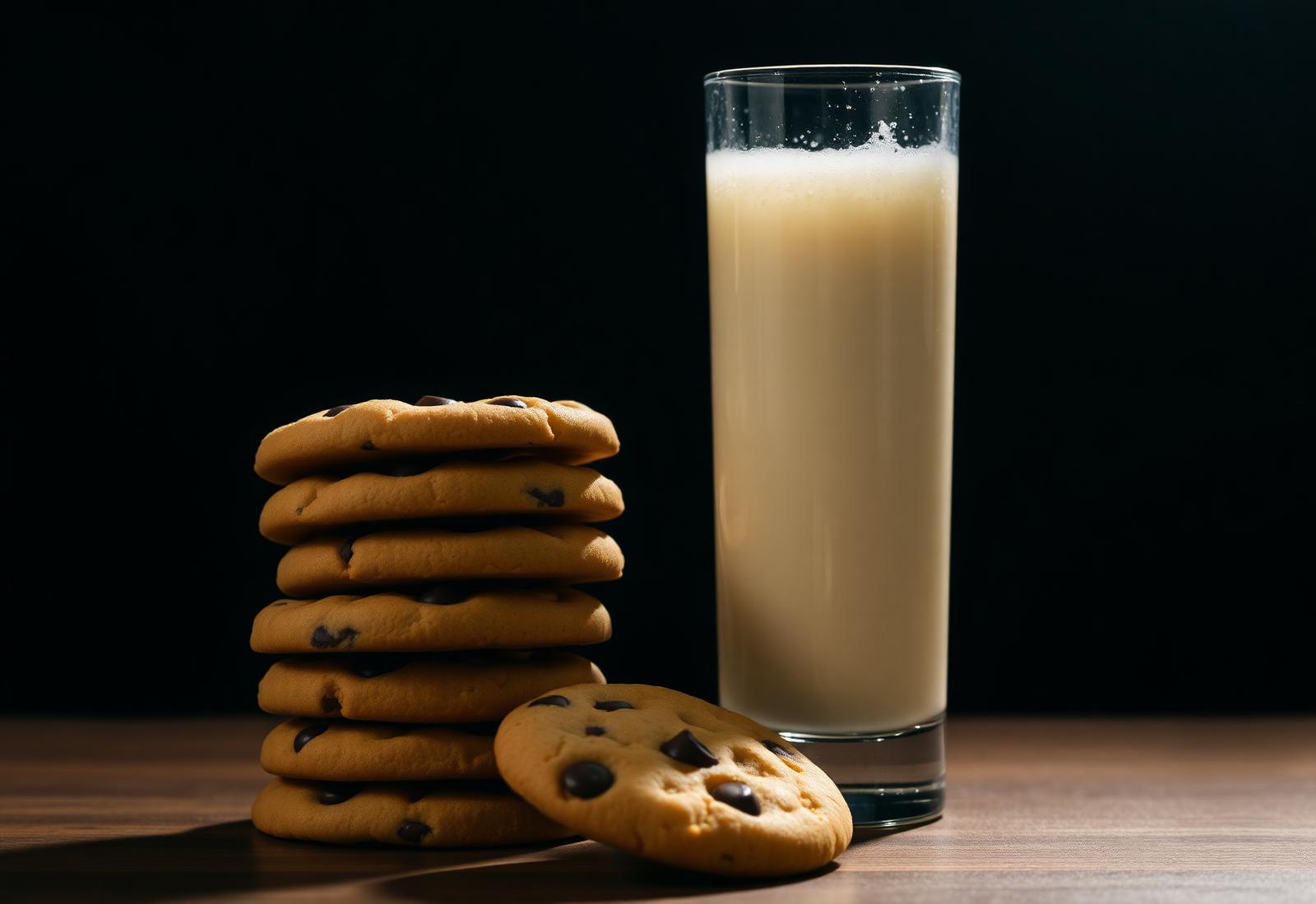 Cold glass of milk beside a stack of chocolate chip cookies